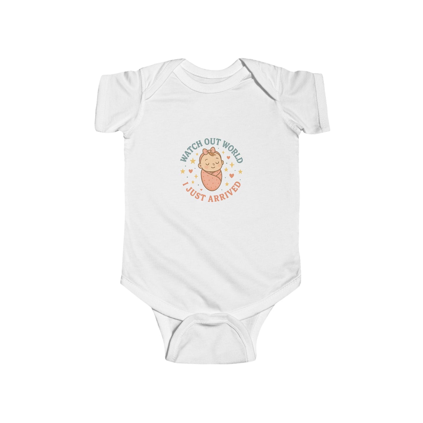 Adorable Baby Bodysuit with 'Watch Out World, Just Arrived' Design | Perfect for Newborns, Baby Showers, Milestone Celebrations, [...]
