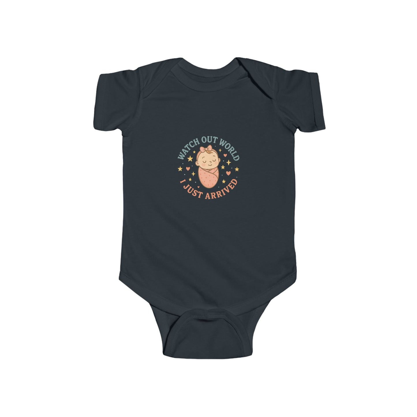 Adorable Baby Bodysuit with 'Watch Out World, Just Arrived' Design | Perfect for Newborns, Baby Showers, Milestone Celebrations, [...]