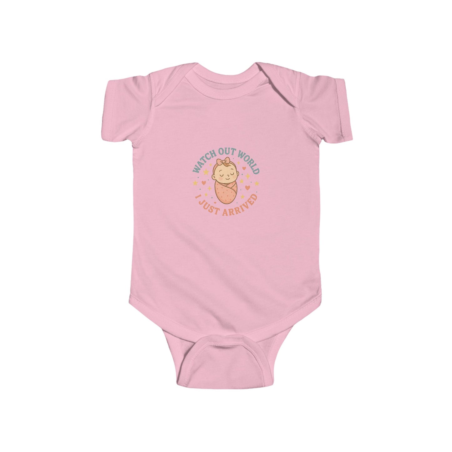 Adorable Baby Bodysuit with 'Watch Out World, Just Arrived' Design | Perfect for Newborns, Baby Showers, Milestone Celebrations, [...]